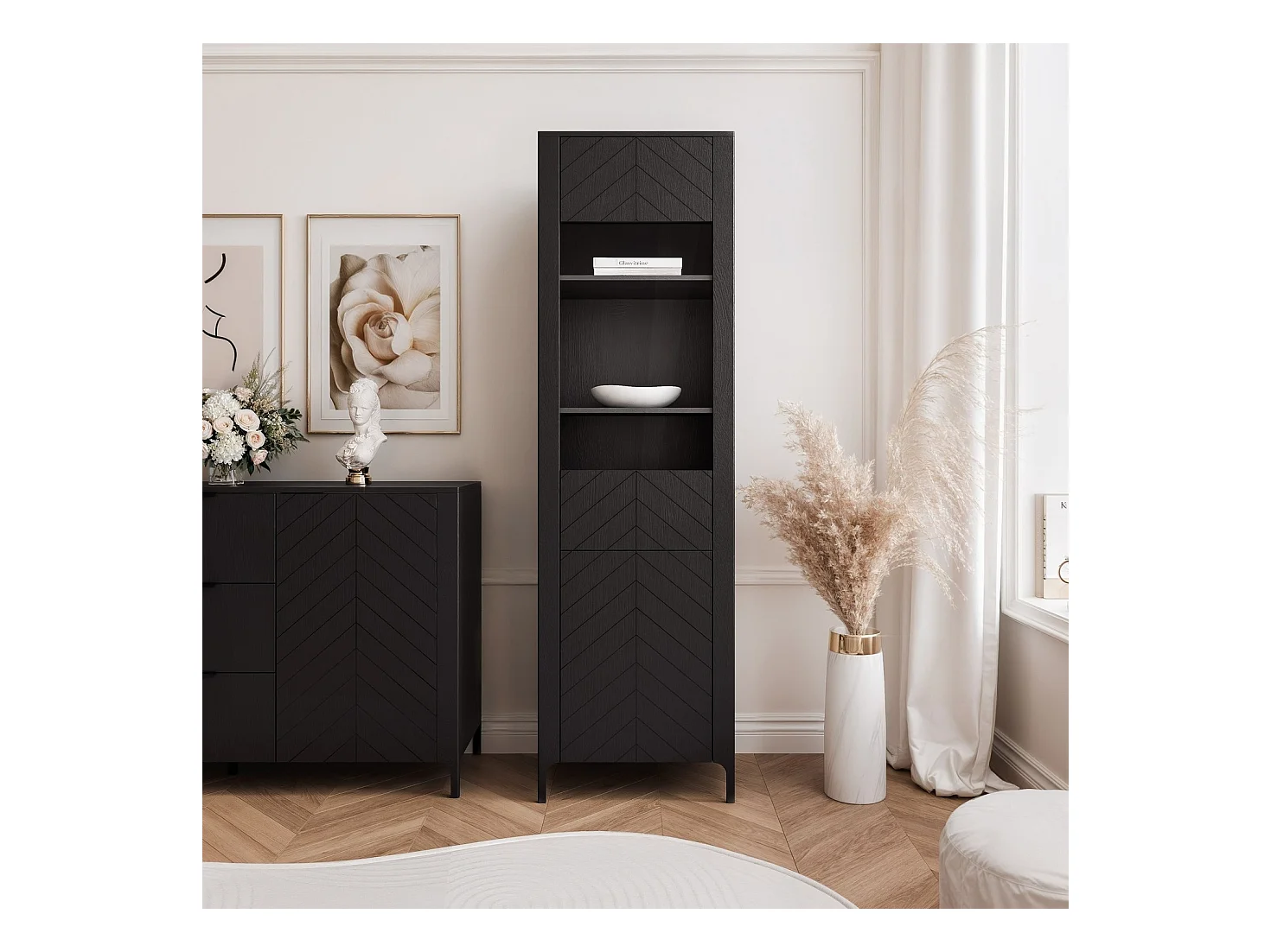 Vitrine moderne à chevrons avec 1 porte - Noir - LORIEN