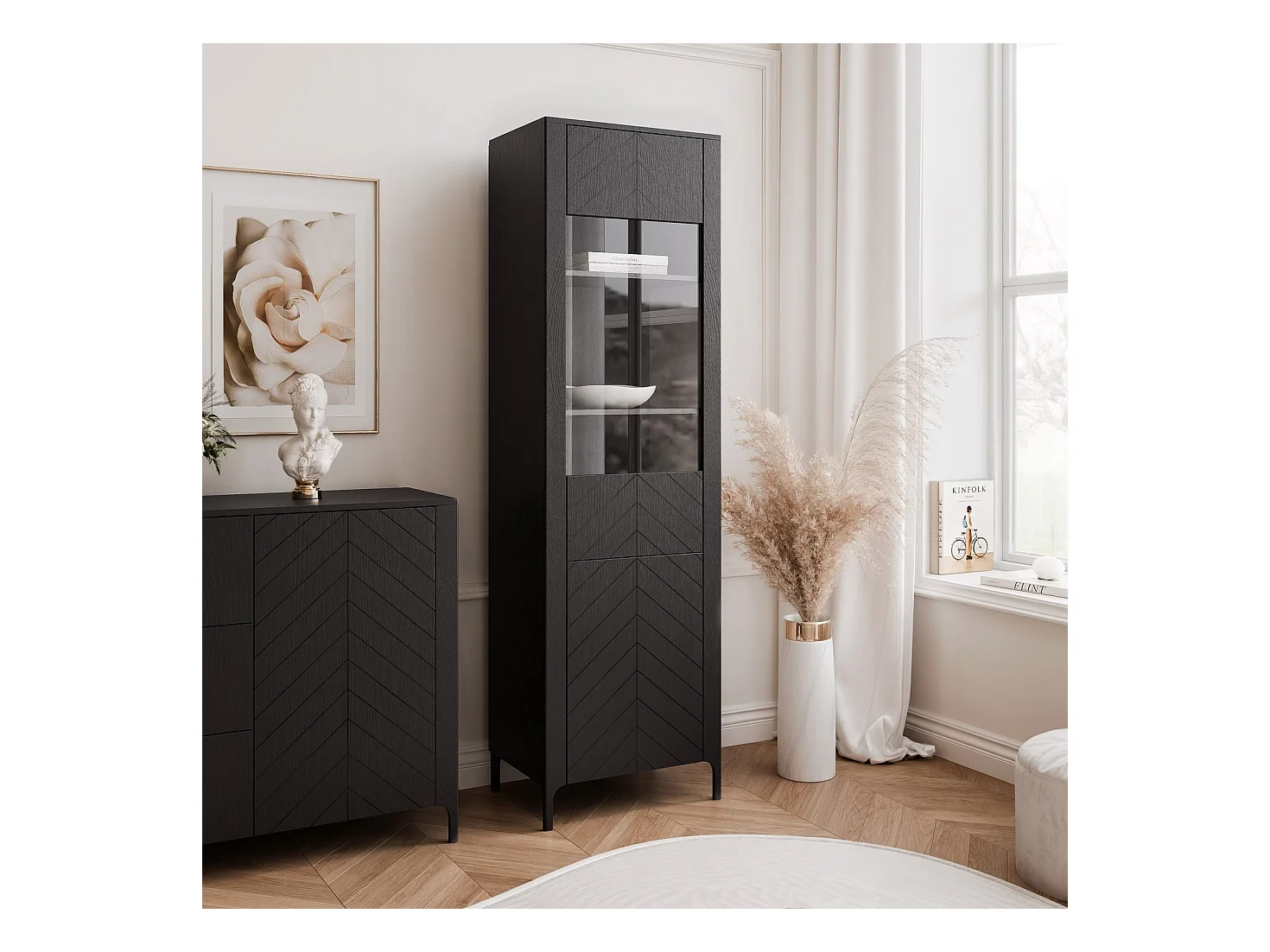 Vitrine moderne à chevrons avec 1 porte - Noir - LORIEN