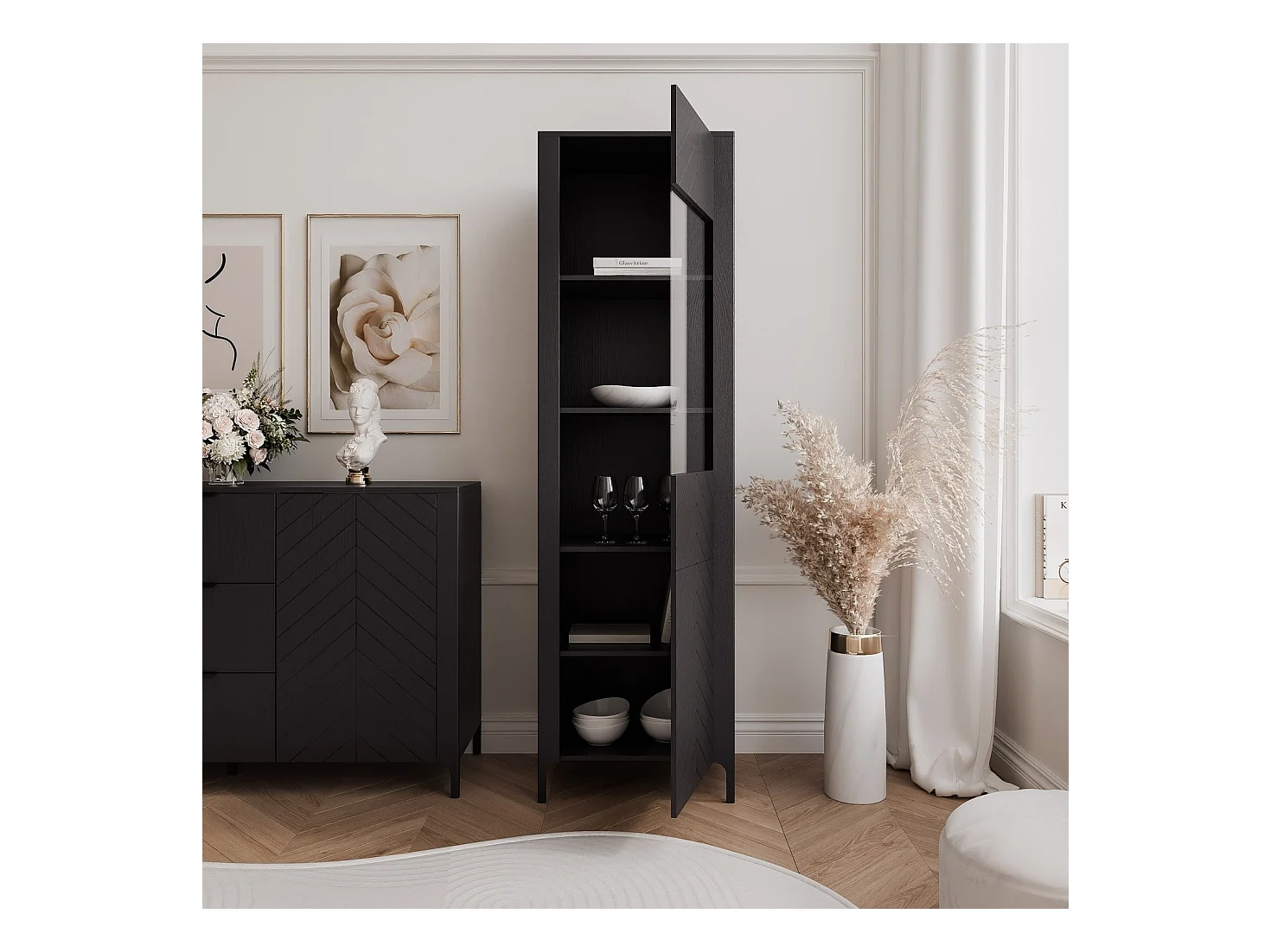 Vitrine moderne à chevrons avec 1 porte - Noir - LORIEN