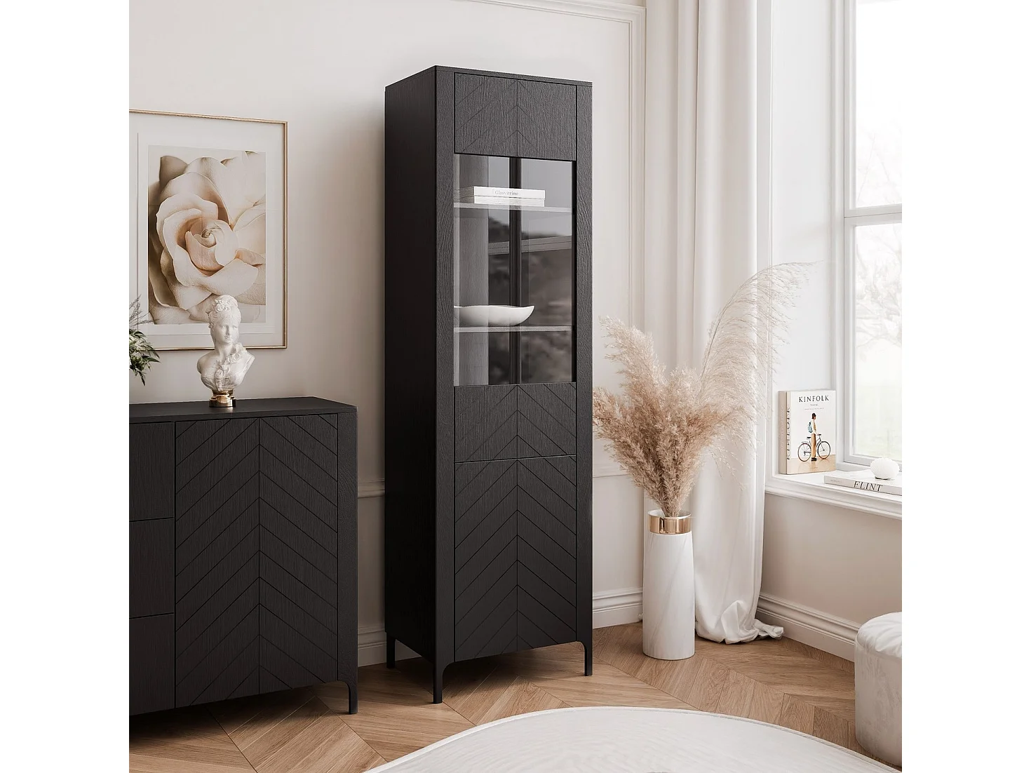 Vitrine moderne à chevrons avec 1 porte - Noir - LORIEN