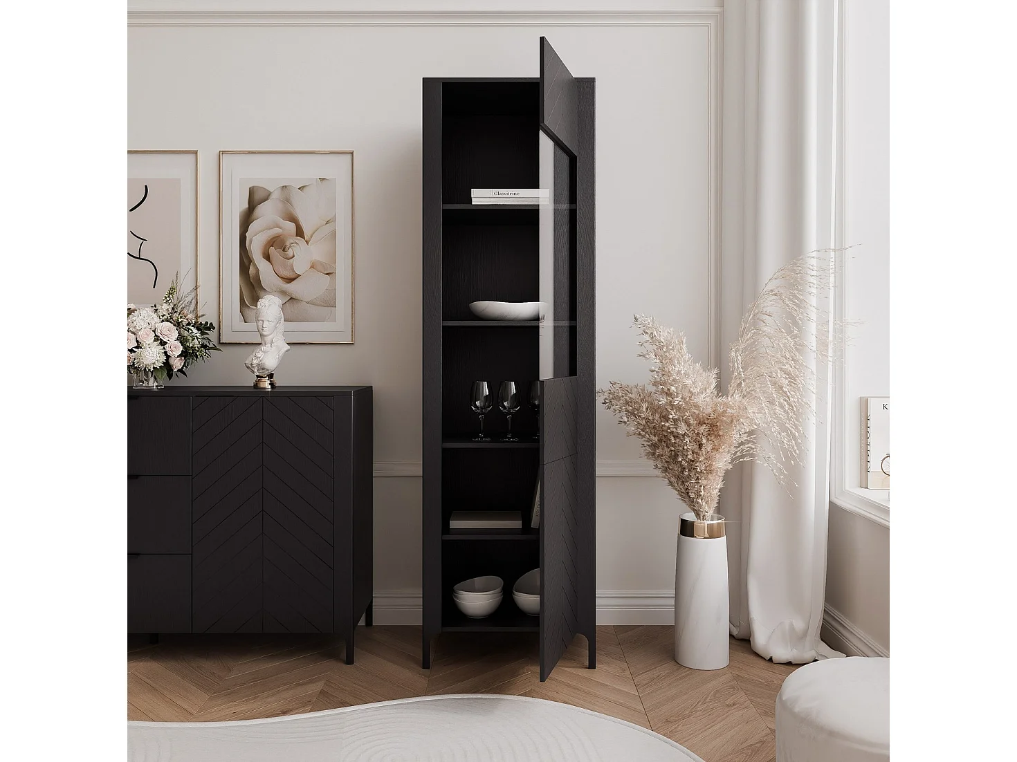 Vitrine moderne à chevrons avec 1 porte - Noir - LORIEN