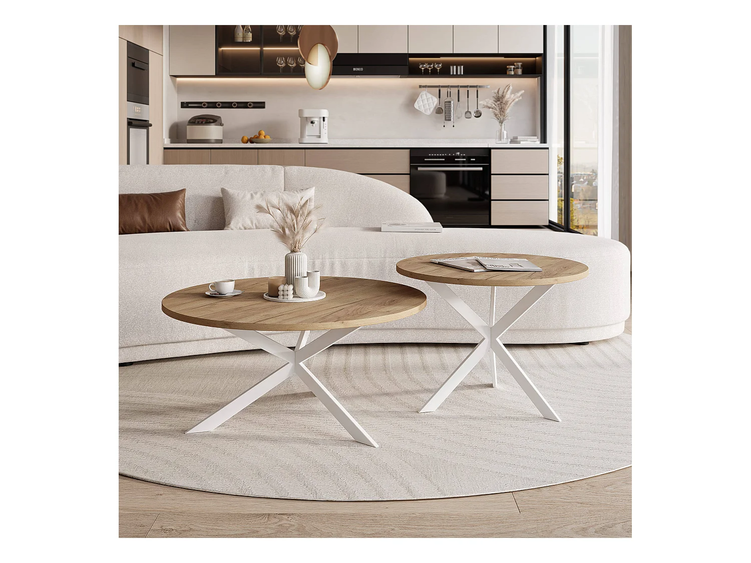 Tables basses gigognes LIBERO - chêne Kraft et métal blanc