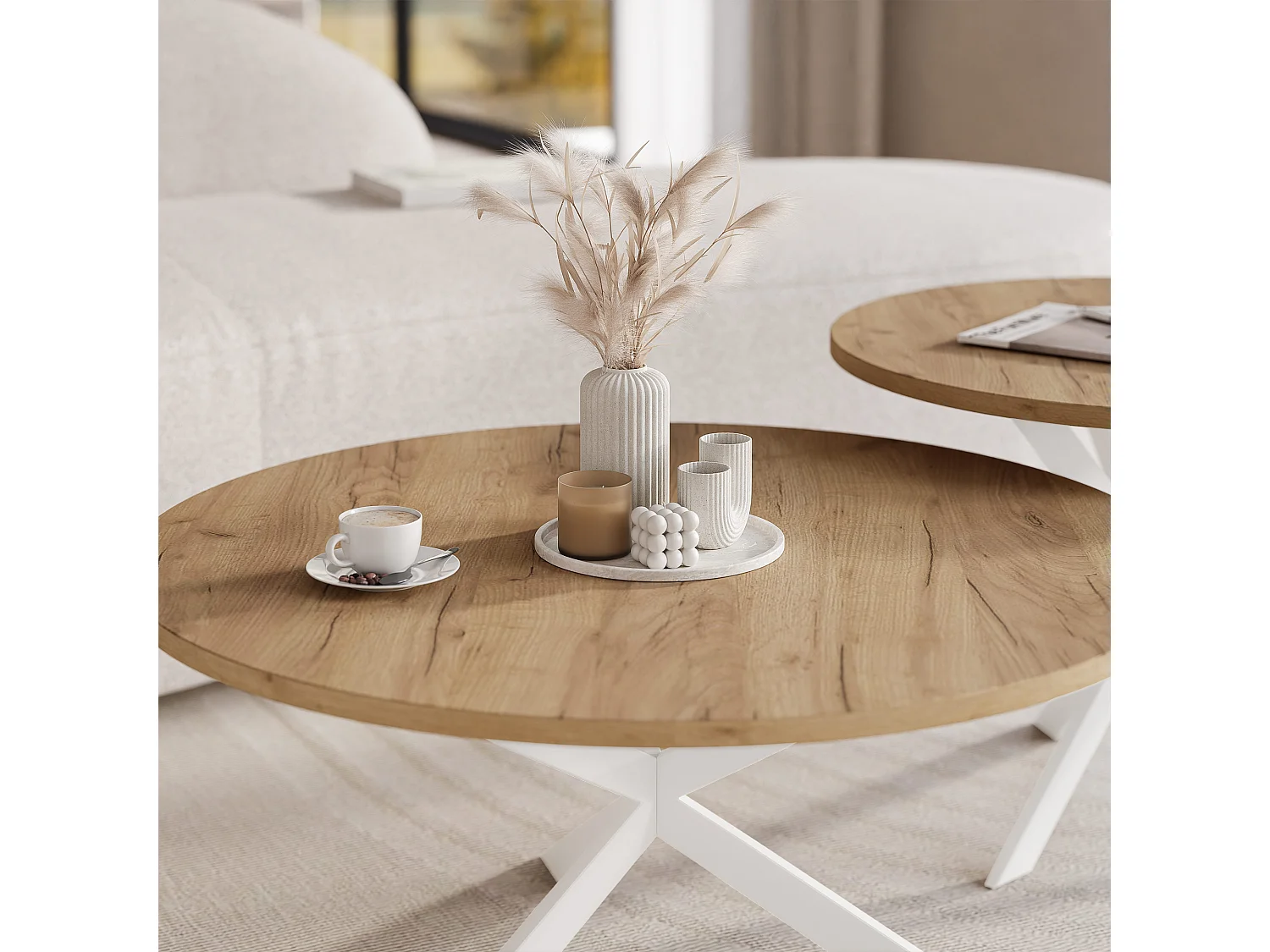 Tables basses gigognes LIBERO - chêne Kraft et métal blanc