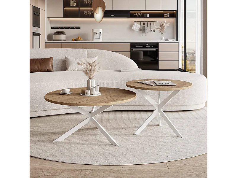 Tables basses gigognes LIBERO - chêne Kraft et métal blanc