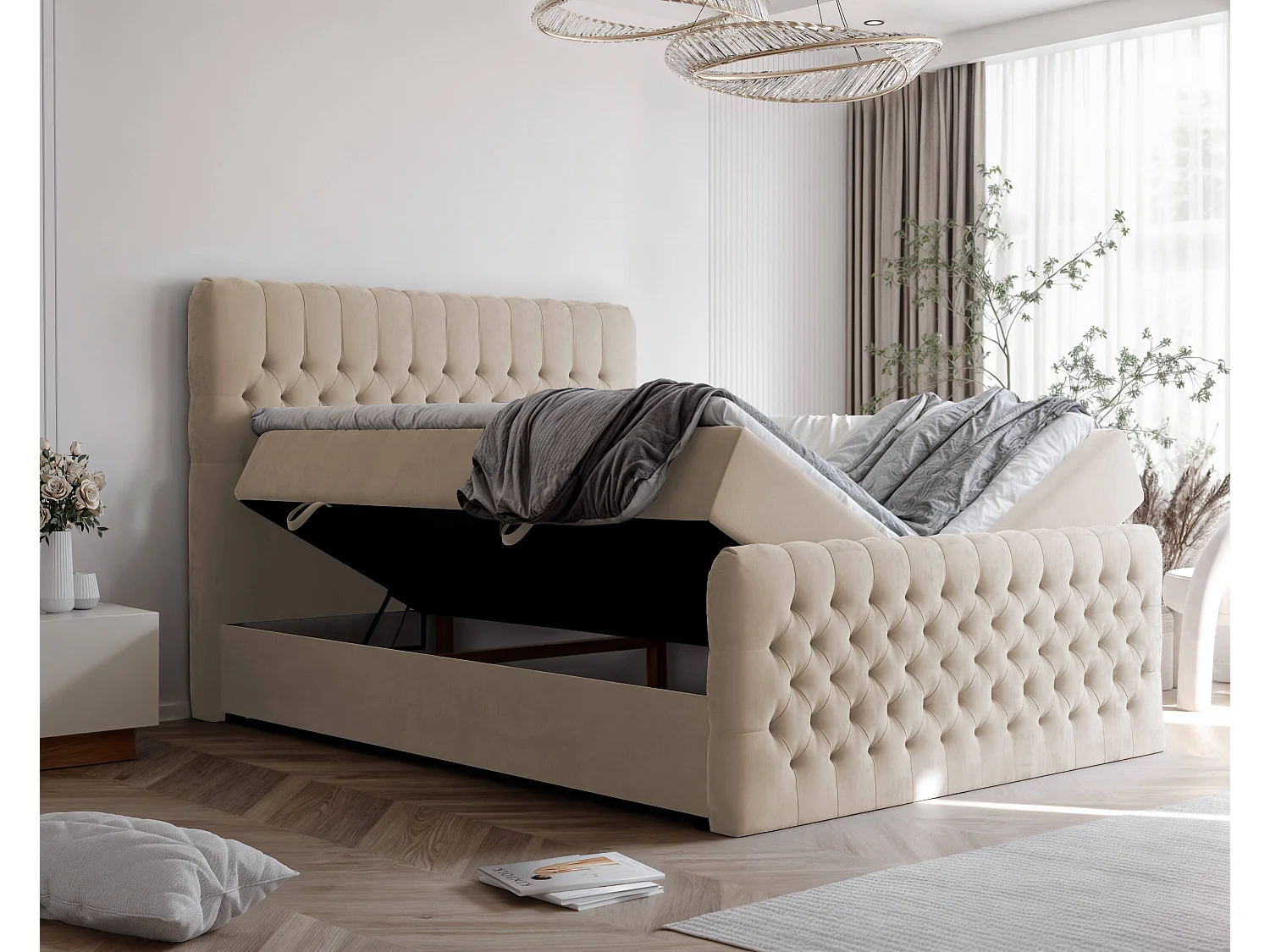 Lit continental rembourré avec matelas, crème - 200x200