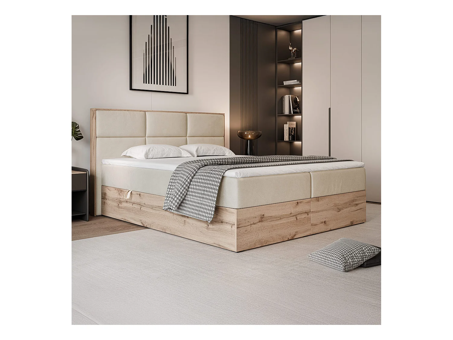 Lit continental rembourré avec surmatelas, crème - 200x200 - LAVIO