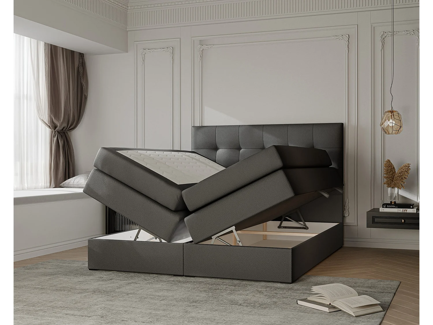 Lit continental rembourré avec surmatelas, noir  - 200x200 - AZARIO