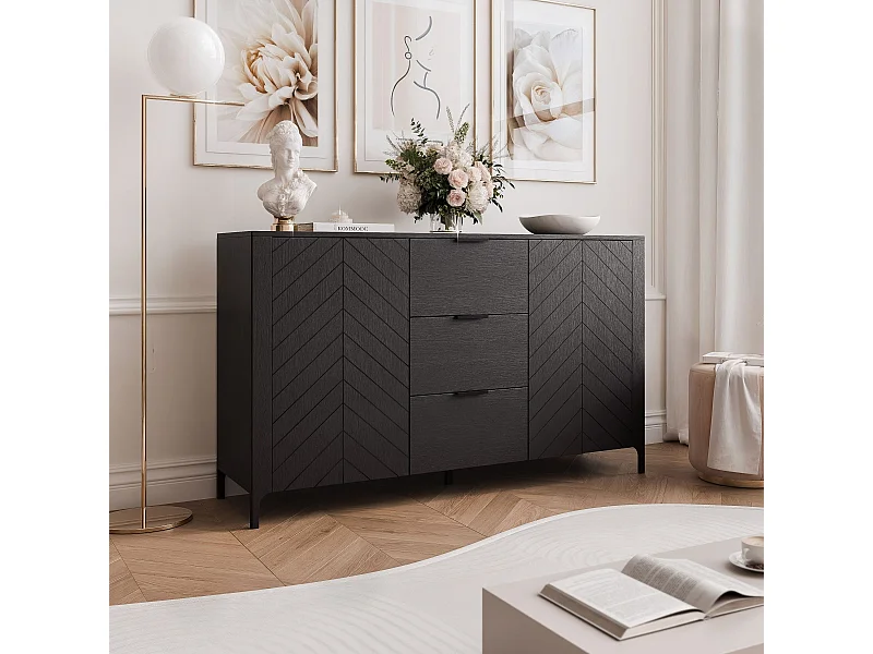 Buffet avec 2 portes et 3 tiroirs - Noir - LORIEN