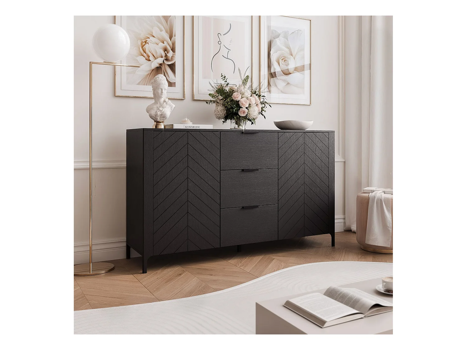 Buffet avec 2 portes et 3 tiroirs - Noir - LORIEN