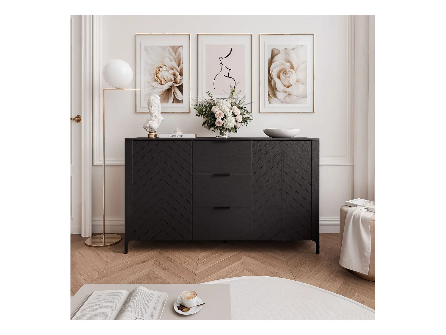 Buffet avec 2 portes et 3 tiroirs - Noir - LORIEN