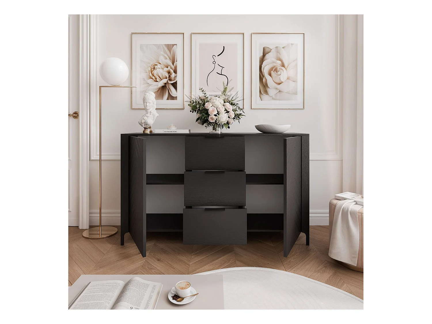 Buffet avec 2 portes et 3 tiroirs - Noir - LORIEN