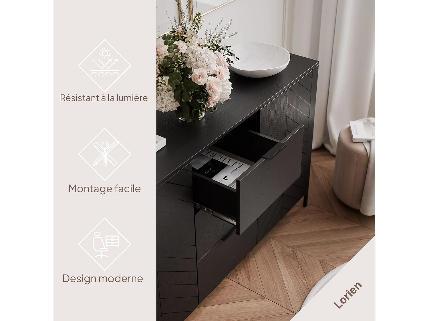 Buffet avec 2 portes et 3 tiroirs - Noir - LORIEN