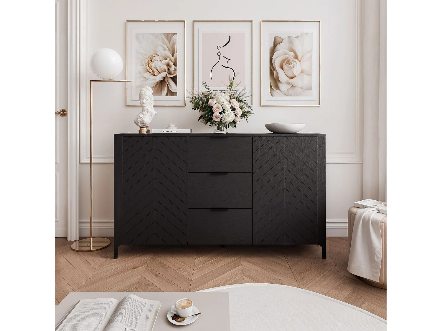 Buffet avec 2 portes et 3 tiroirs - Noir - LORIEN