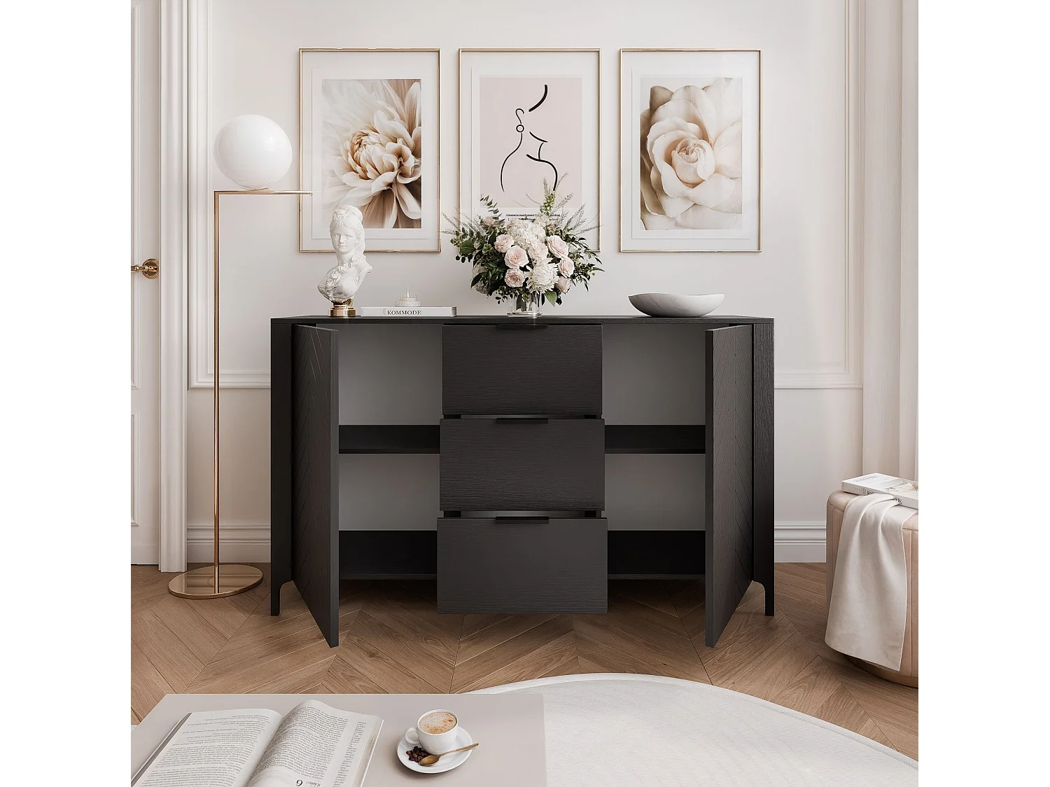Buffet avec 2 portes et 3 tiroirs - Noir - LORIEN