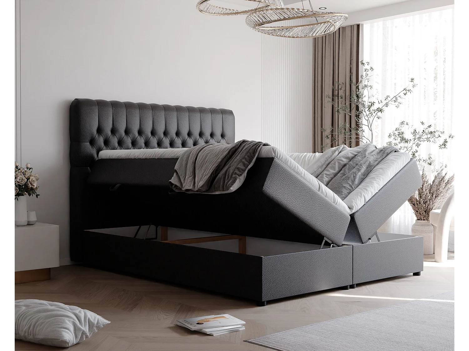 Lit continental rembourré avec matelas, noir  - 180x200