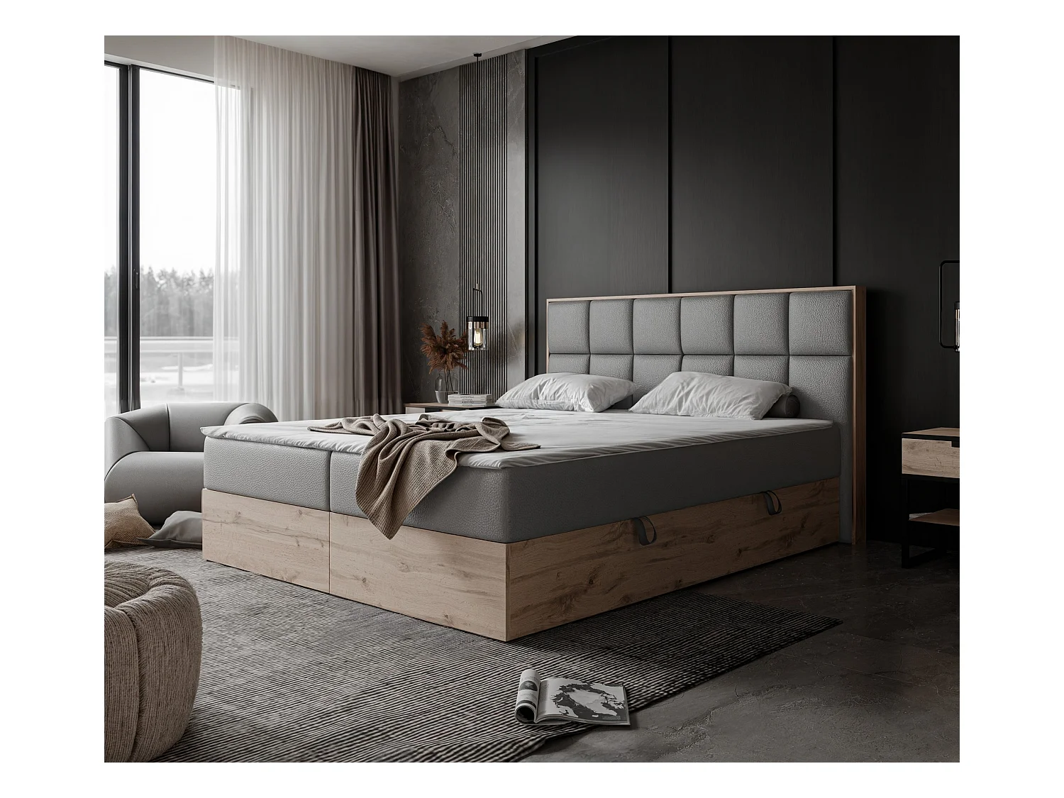 Lit continental rembourré avec surmatelas, gris  - 120x200 - LAVIO II