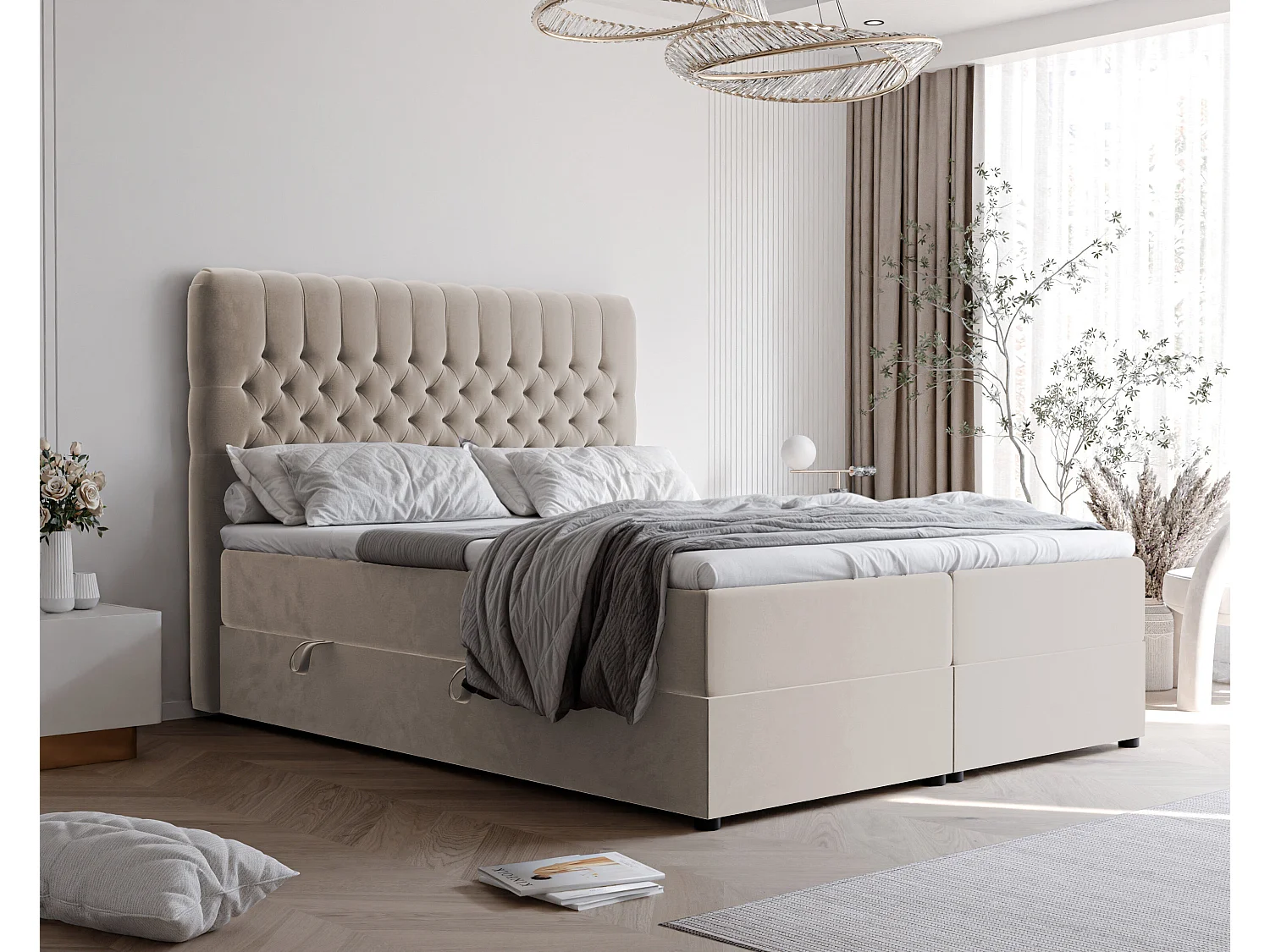 Lit continental rembourré avec matelas, beige - 140x200