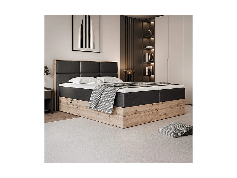 Lit continental rembourré avec surmatelas, noir  - 140x200 - LAVIO