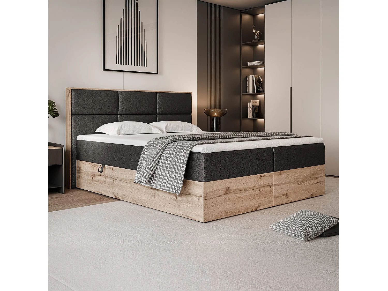 Lit continental rembourré avec surmatelas, noir  - 140x200 - LAVIO
