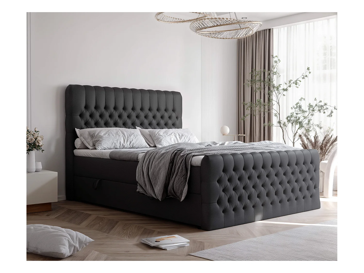 Lit continental rembourré avec matelas, noir  - 160x200