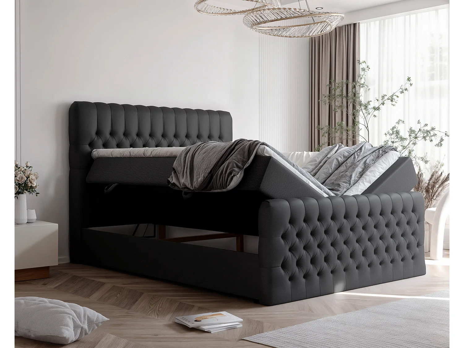 Lit continental rembourré avec matelas, noir  - 160x200