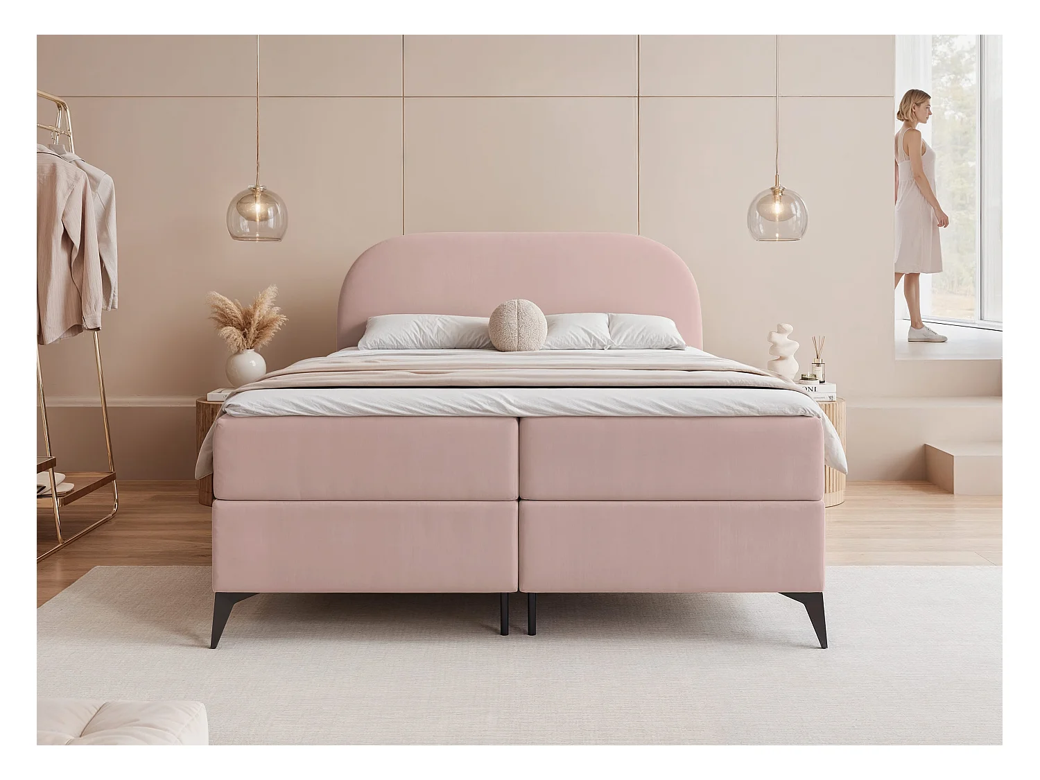 Lit continental rembourré sur pieds avec surmatelas, rose poudré - 140x200 - NOELIA