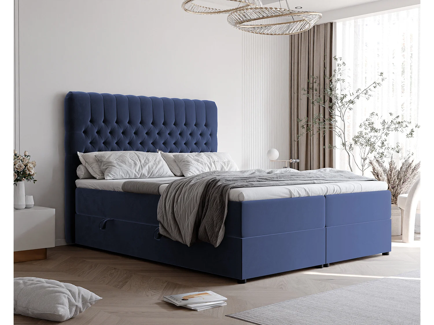 Lit continental rembourré avec matelas, bleu - 200x200