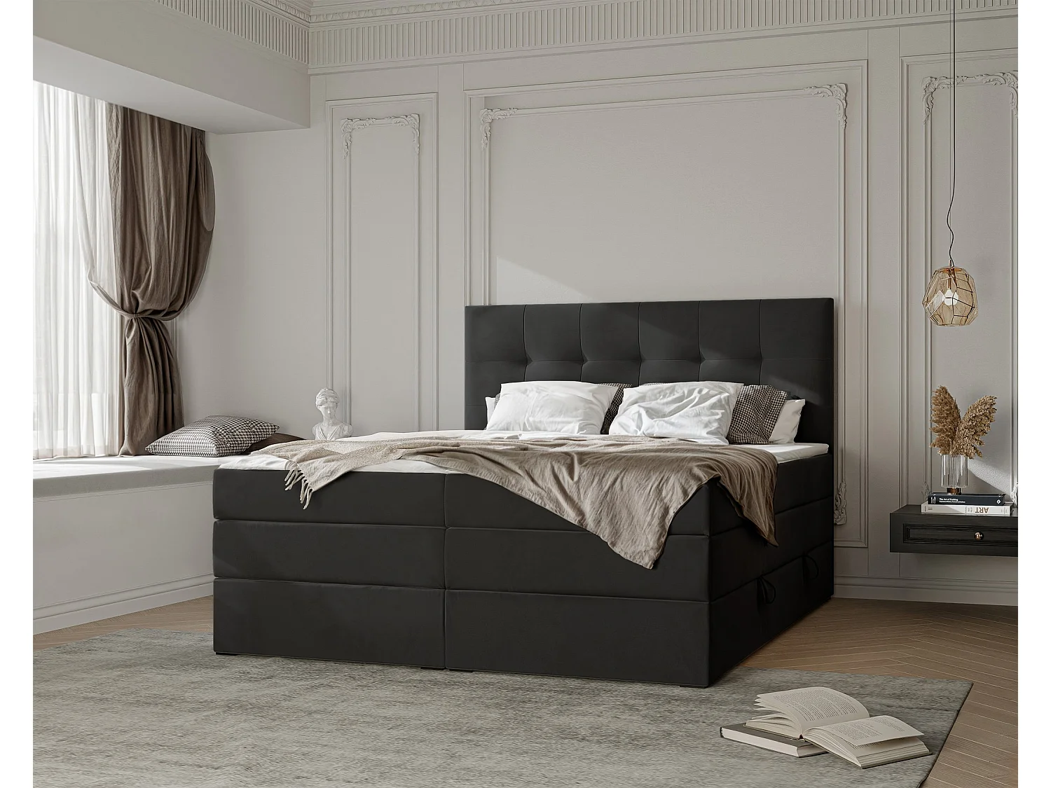 Lit continental rembourré avec surmatelas, noir - 140x200 - AZARIO