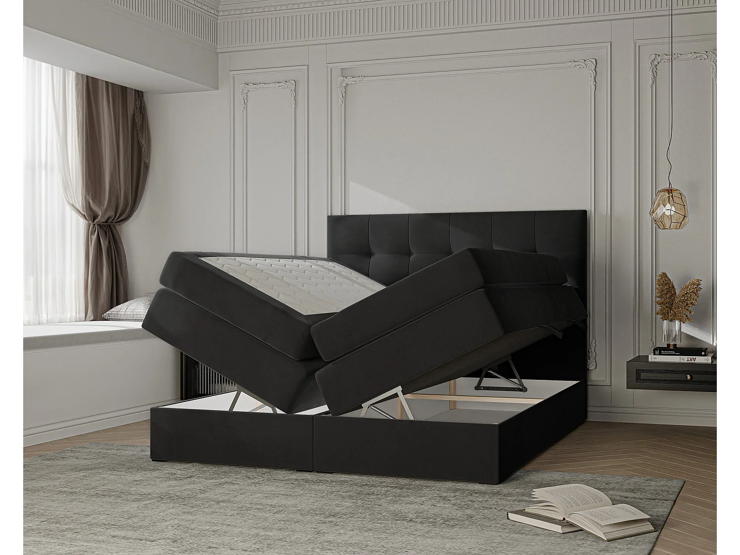 Lit continental rembourré avec surmatelas, noir - 140x200 - AZARIO