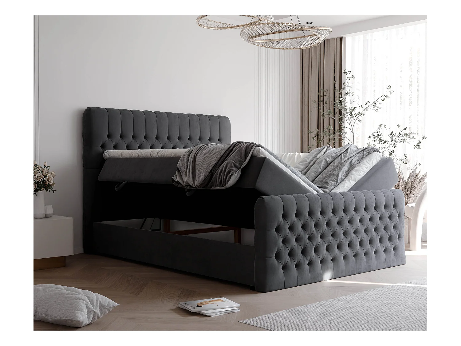 Lit continental rembourré avec matelas, gris anthracite - 160x200