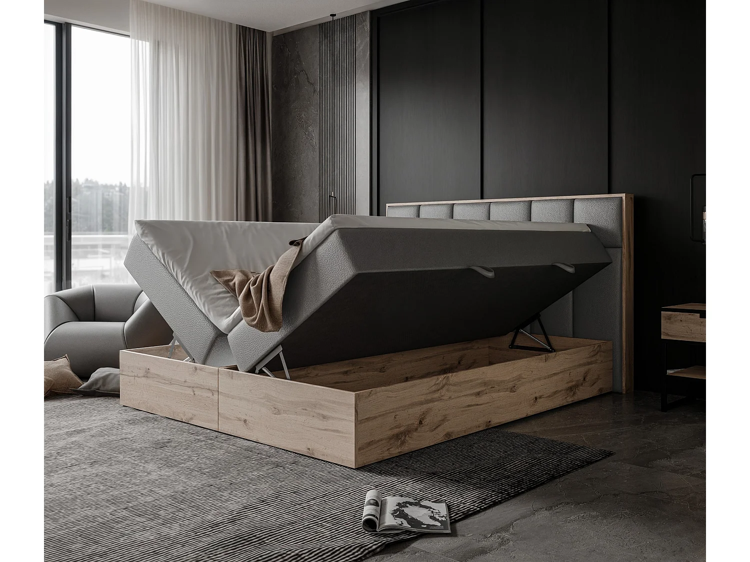 Lit continental rembourré avec surmatelas, gris  - 200x200 - LAVIO II