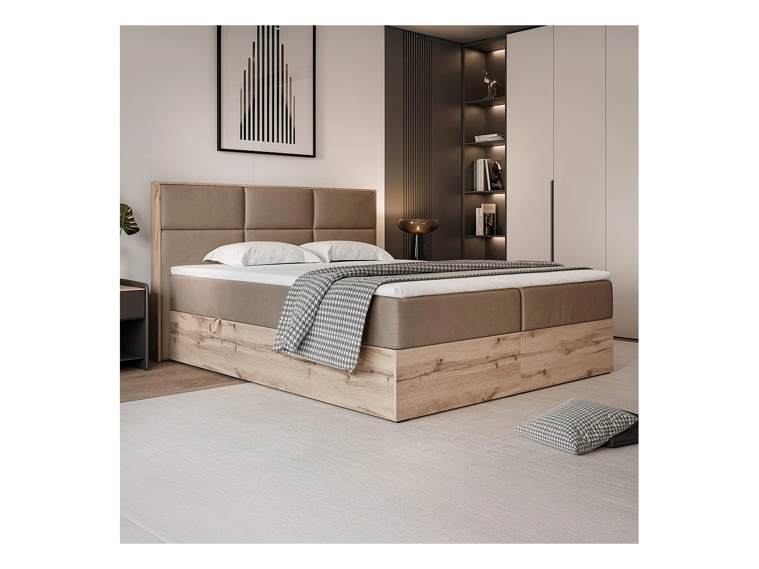 Lit continental rembourré avec surmatelas, marron - 200x200 - LAVIO