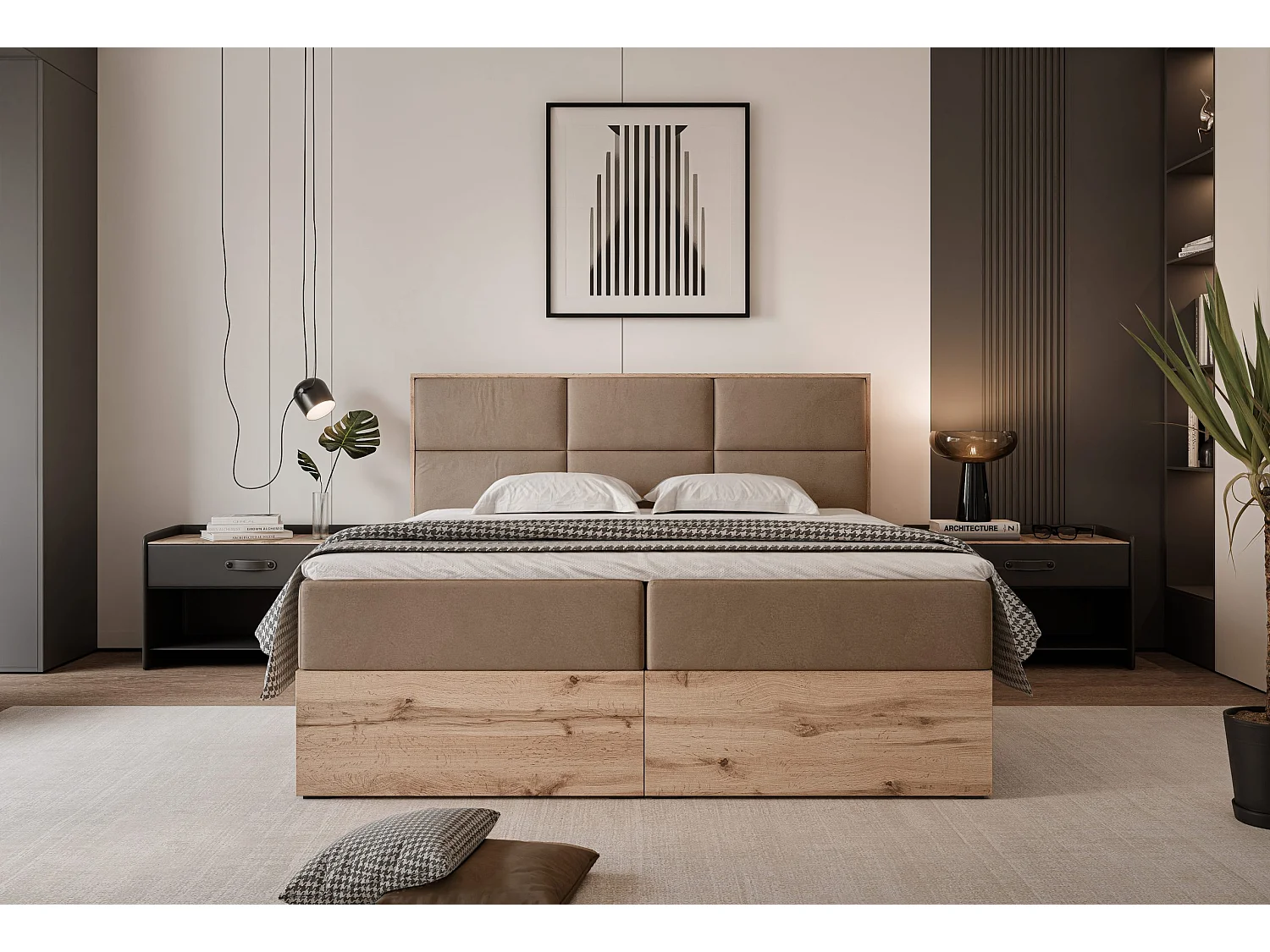 Lit continental rembourré avec surmatelas, marron - 200x200 - LAVIO