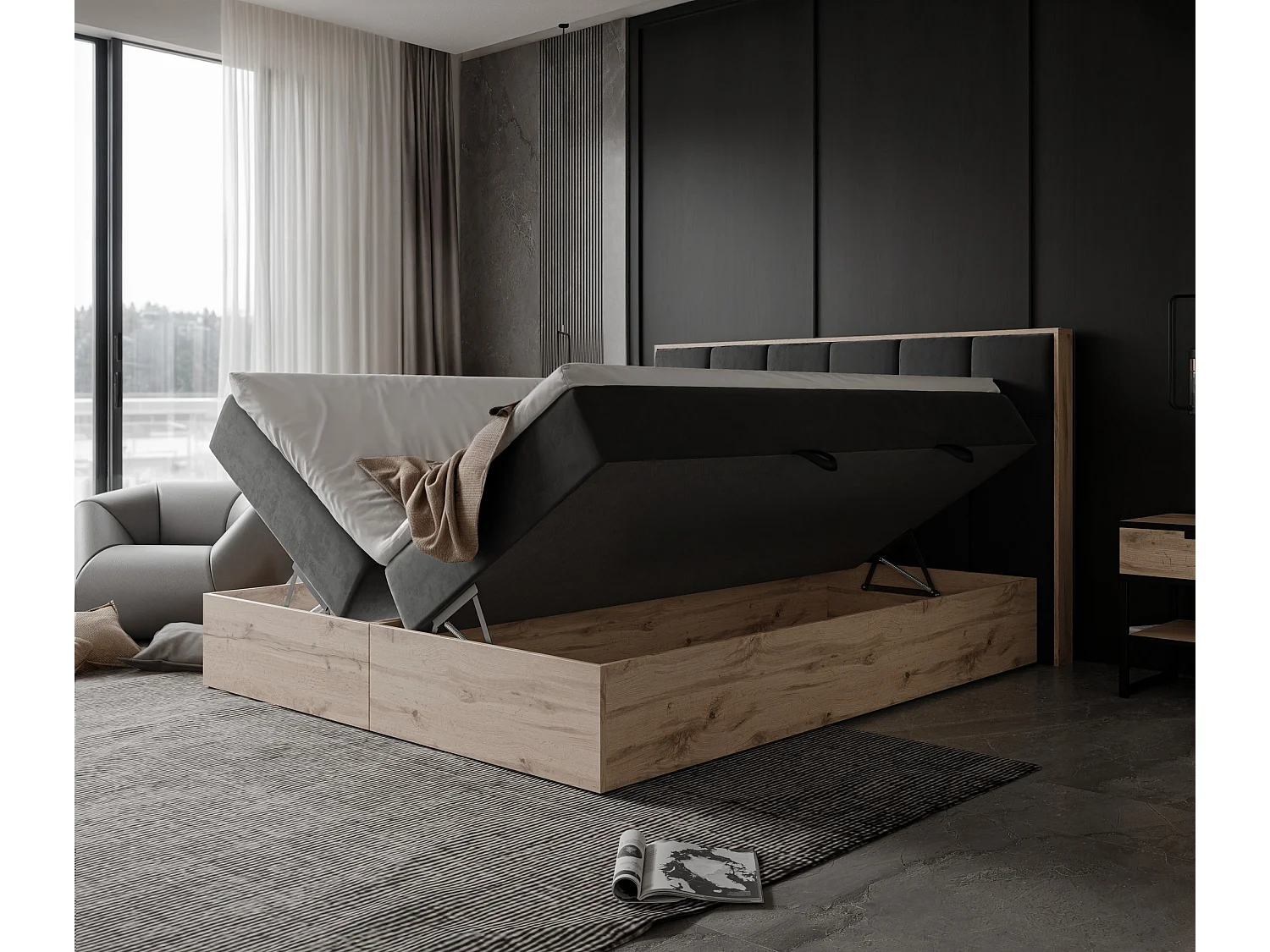 Lit continental rembourré avec surmatelas, gris anthracite - 120x200 - LAVIO II