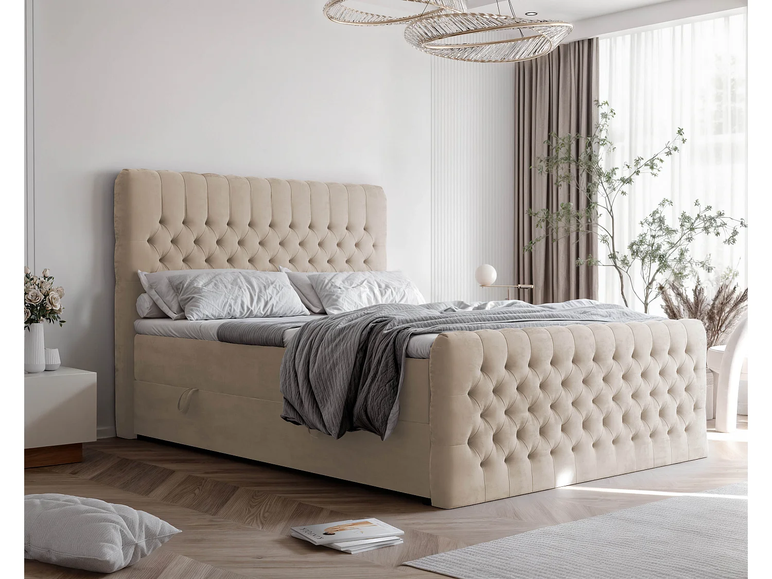 Lit continental rembourré avec matelas, crème - 180x200