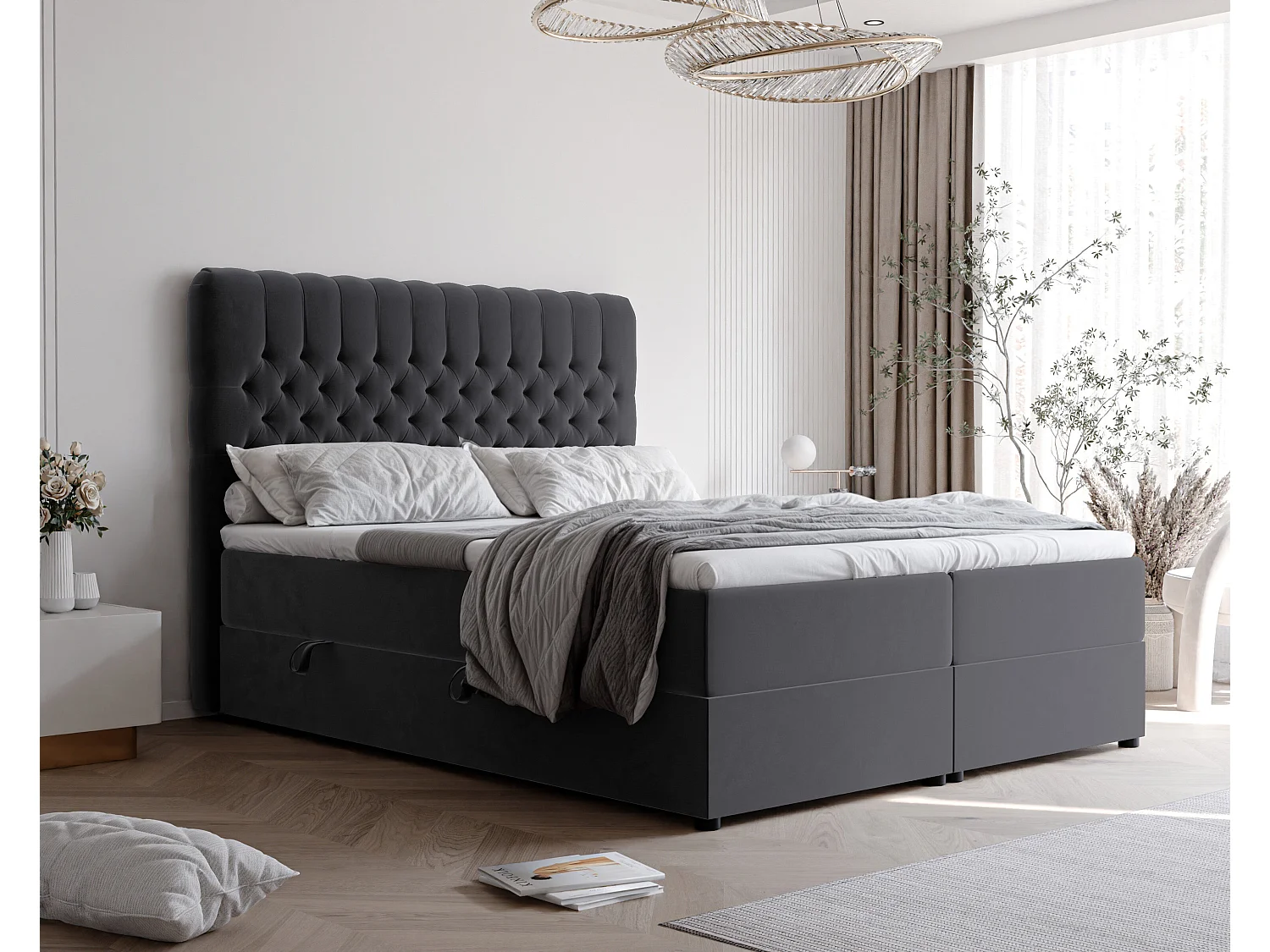Lit continental rembourré avec matelas, gris anthracite - 160x200