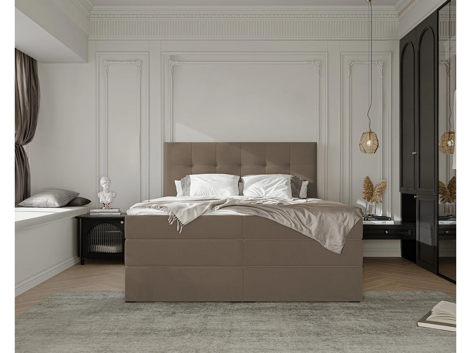 Lit continental rembourré avec surmatelas, marron - 200x200 - AZARIO