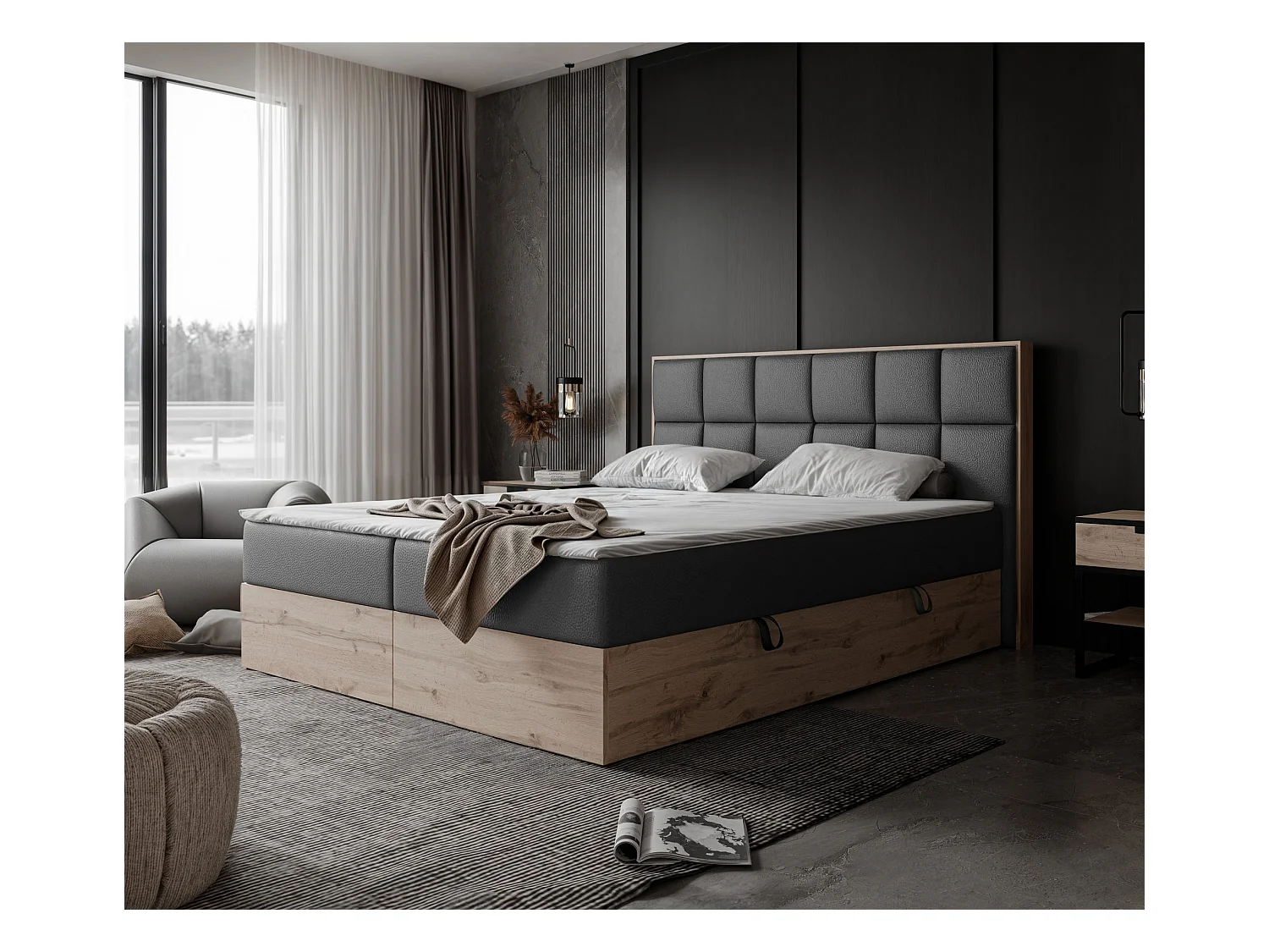 Lit continental rembourré avec surmatelas, noir  - 140x200 - LAVIO II