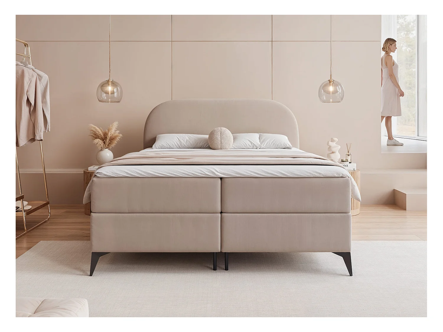 Lit continental rembourré sur pieds avec surmatelas, beige - 160x200 - NOELIA