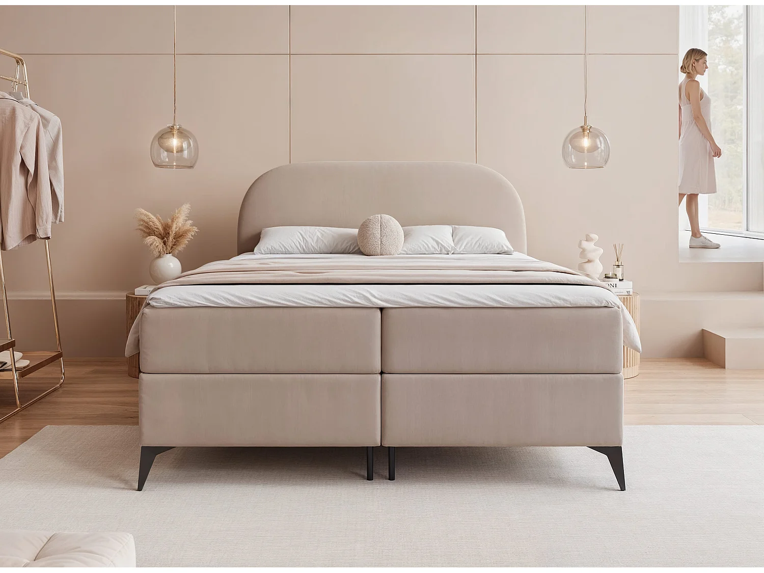 Lit continental rembourré sur pieds avec surmatelas, beige - 160x200 - NOELIA