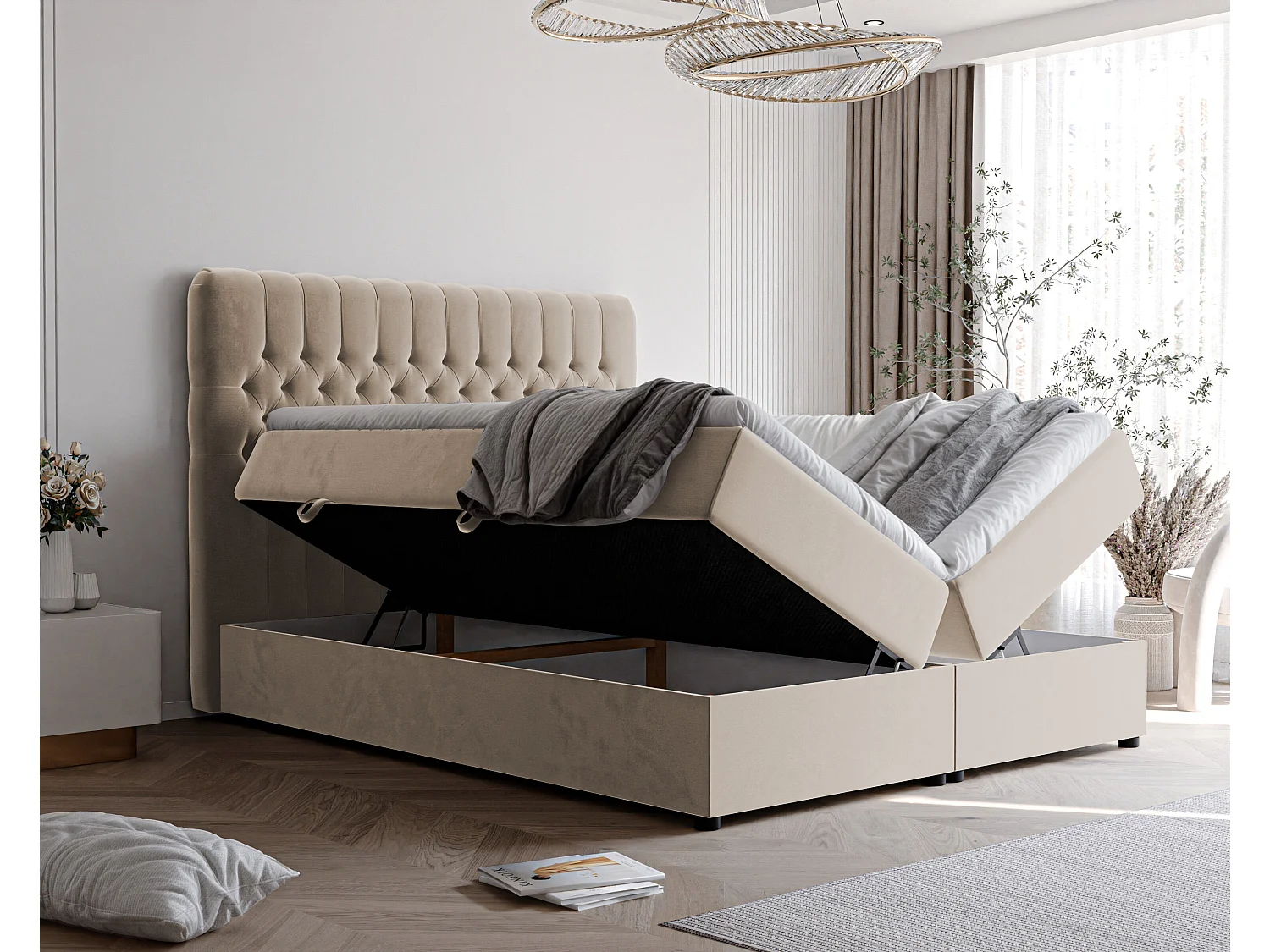 Lit continental rembourré avec matelas, crème - 180x200