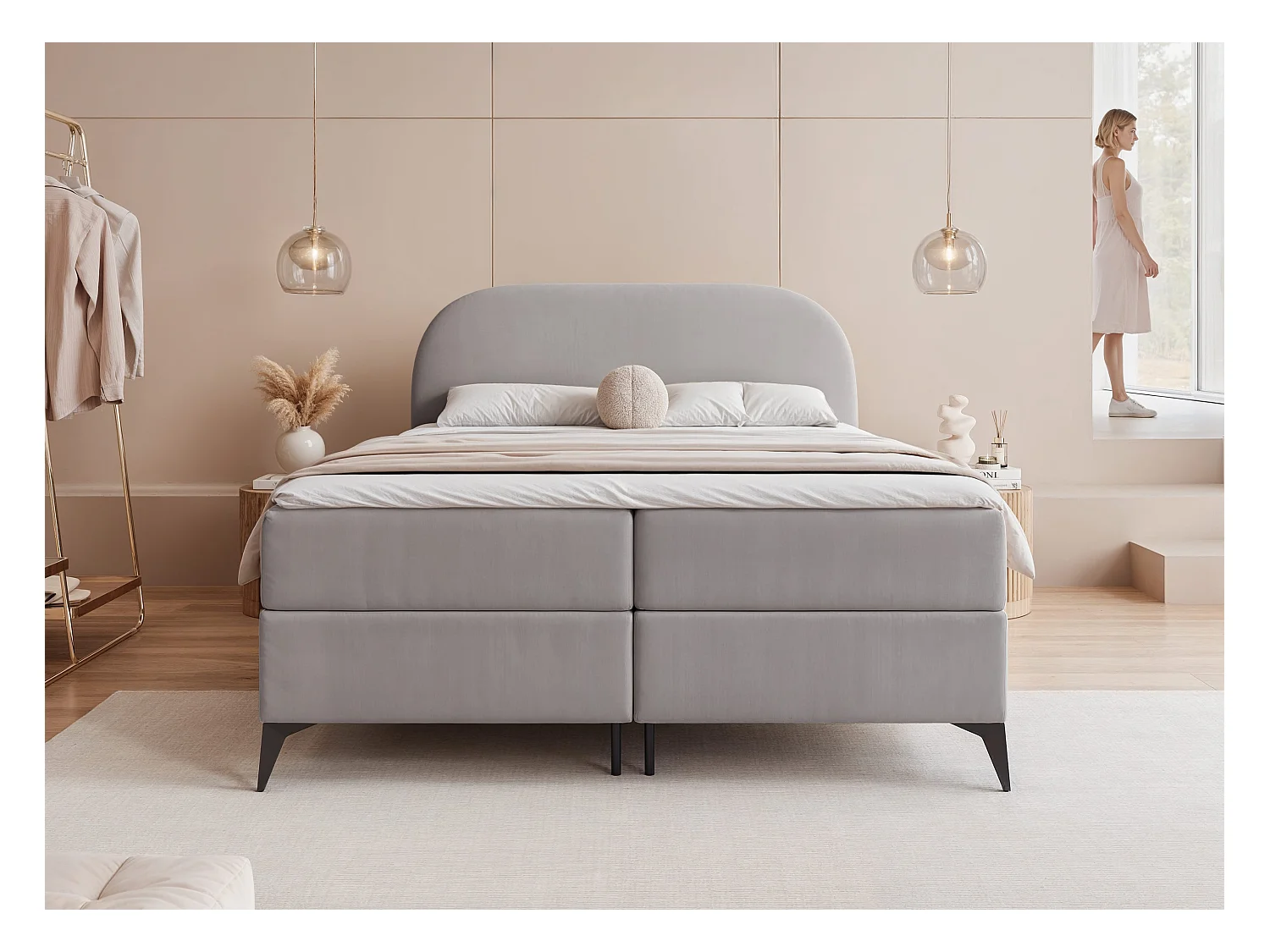 Lit continental rembourré sur pieds avec surmatelas, gris - 180x200 - NOELIA