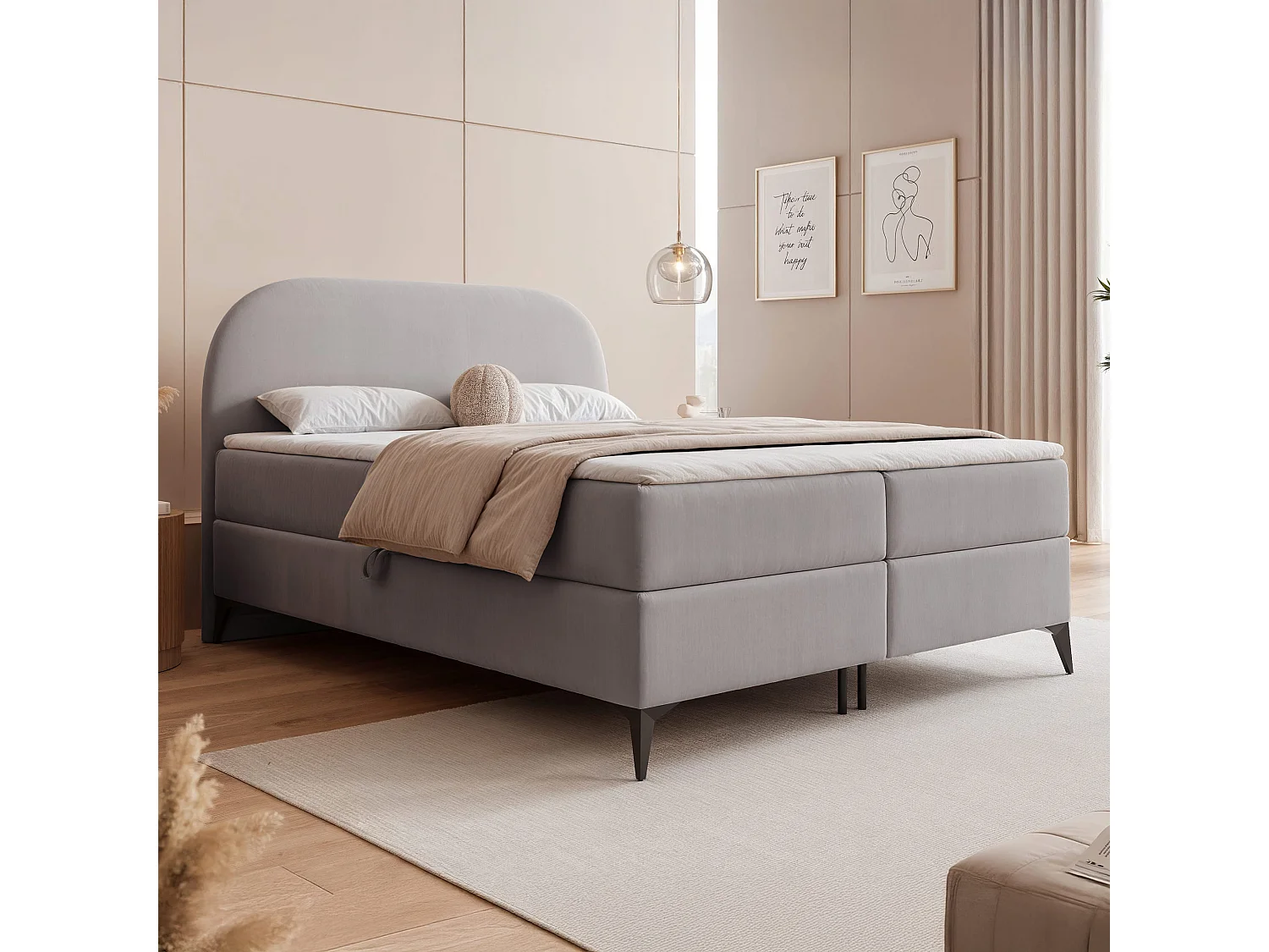 Lit continental rembourré sur pieds avec surmatelas, gris - 180x200 - NOELIA