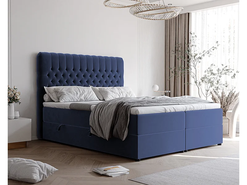 Lit continental rembourré avec matelas, bleu - 180x200