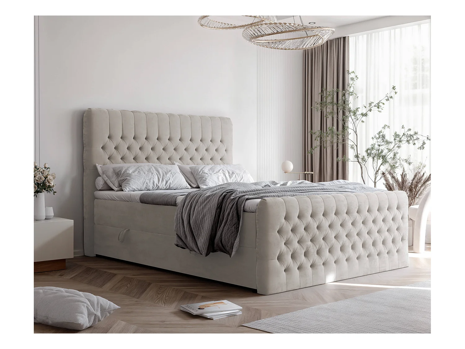 Lit continental rembourré avec matelas, beige - 140x200