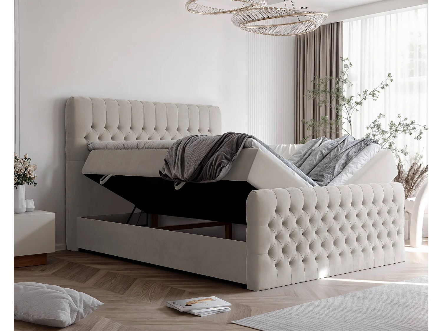 Lit continental rembourré avec matelas, beige - 140x200