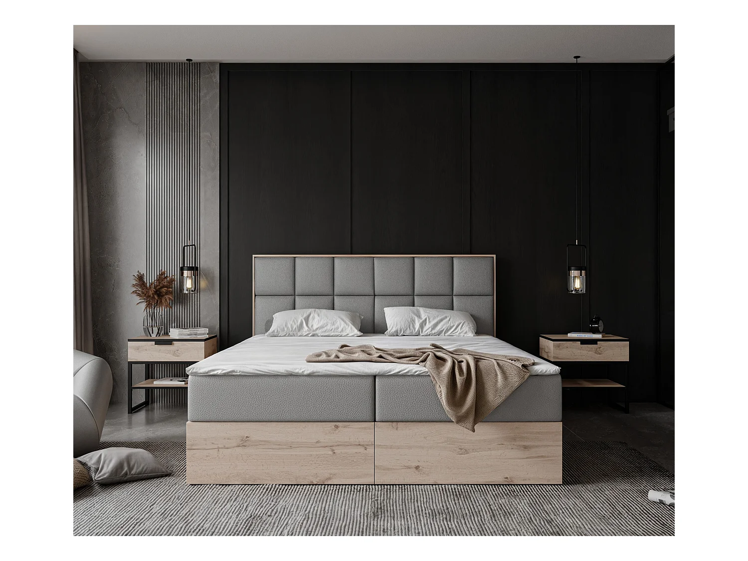 Lit continental rembourré avec surmatelas, gris  - 160x200 - LAVIO II