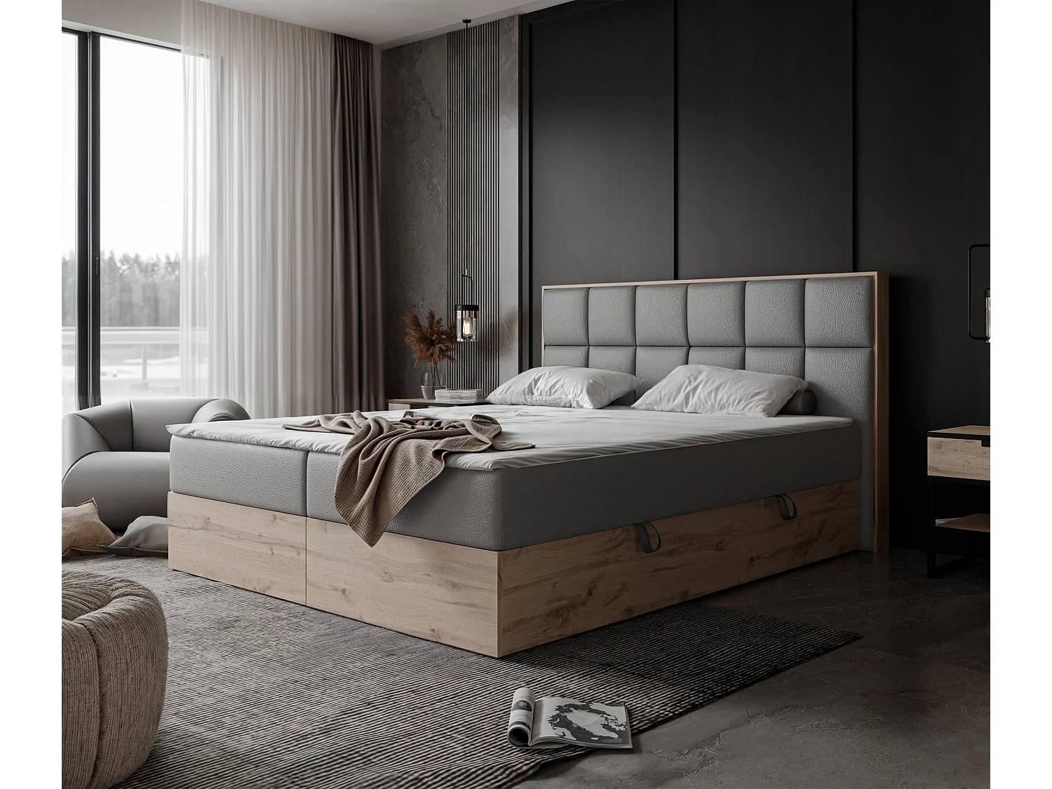 Lit continental rembourré avec surmatelas, gris  - 160x200 - LAVIO II