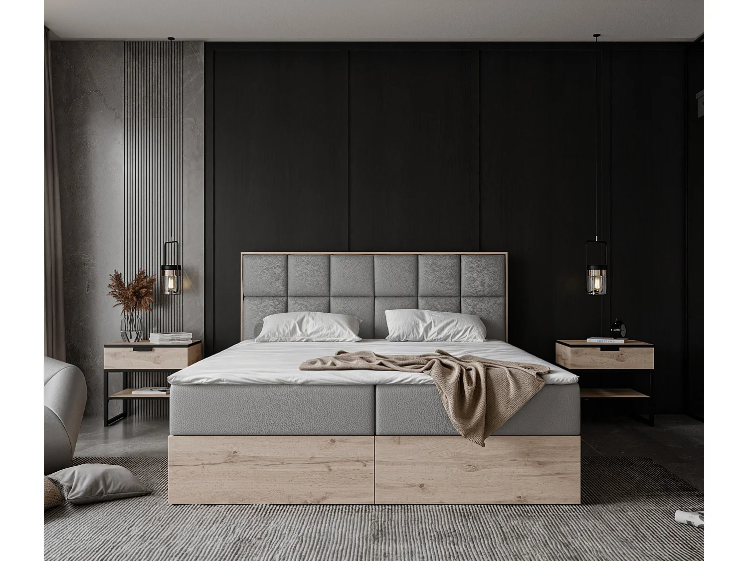 Lit continental rembourré avec surmatelas, gris  - 160x200 - LAVIO II