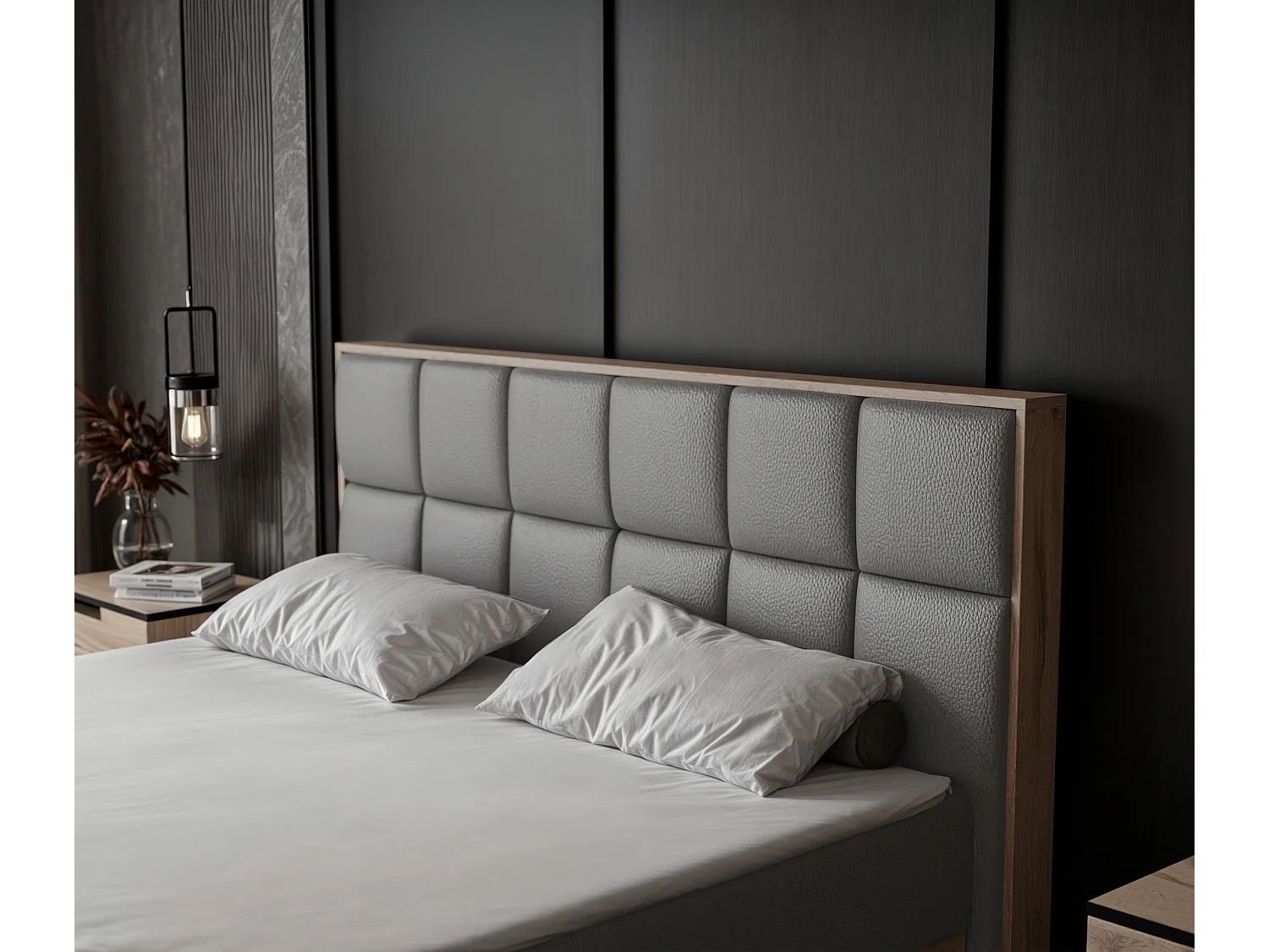 Lit continental rembourré avec surmatelas, gris  - 160x200 - LAVIO II